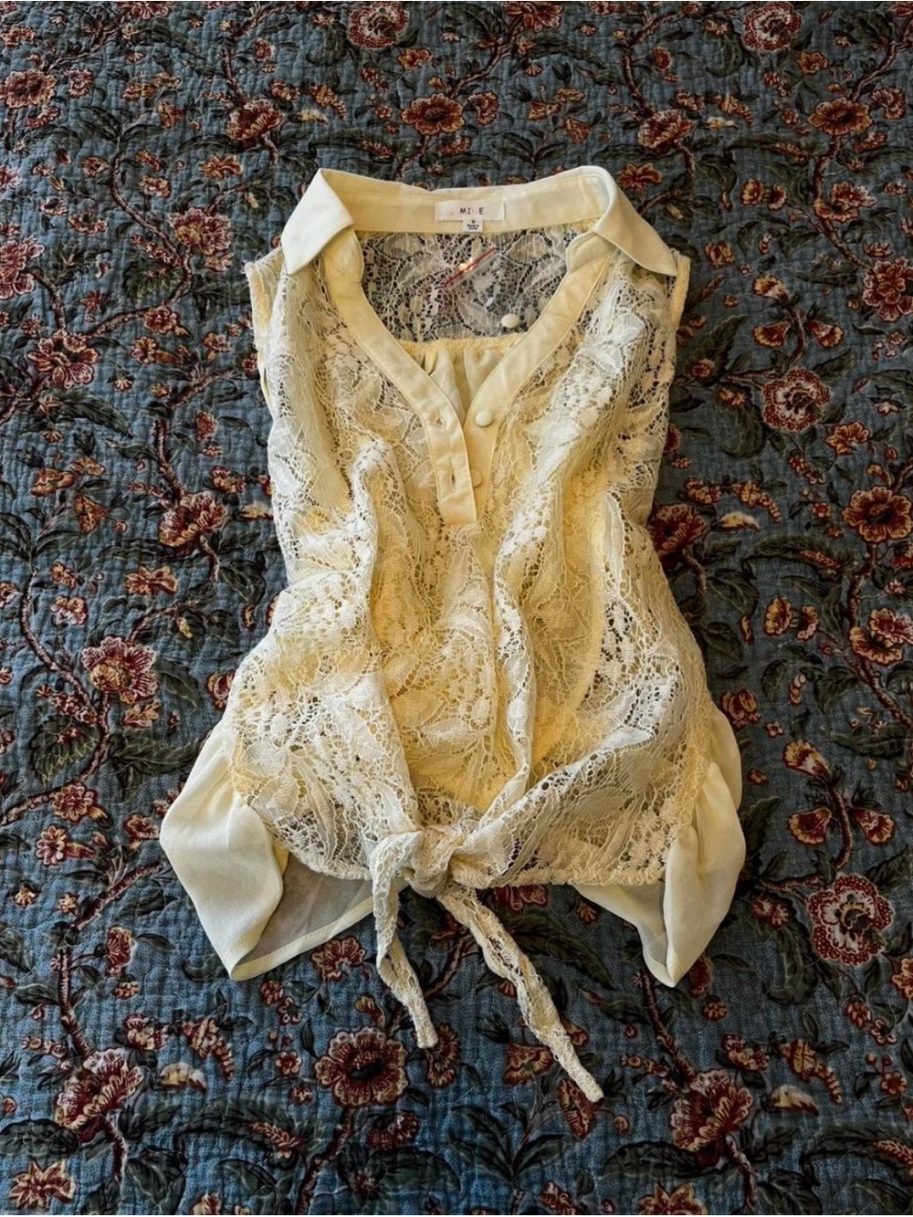 Mine Yellow Lace Blouse Cropped
Shear See Through w/ Tie Front Detail Cross Back